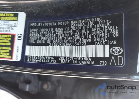 2016 Toyota Corolla Le из США, поврежденный, VIN 2T1BURHE6GC554323